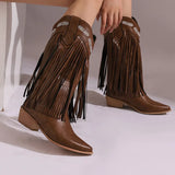 KYLETHOMASW  -  Women Fringe Western Boots Pink Sweet Embroidered Boots Brown Tassels Block Medium Heels Shoes Plus Size 48 Lady Winter