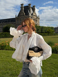 KYLETHOMASW  -  Women French Style White Blouse Lace Splicing Patchwork Shirt Elegant Flare Bell Sleeve Long Sleeve Casual Ladies Daily Tops