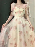 KYLETHOMASW  -  Sweet Elegant Floral Strap Dress Women Causal Fashion Korean Long Fairy Dresses Female Summer One Piece Dress Chic Evening Party