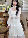 KYLETHOMASW  -  Y2K Lolita Fairycore Puff Sleeve Lace Dress Women Summer Chiffon Midi High Waist French Vintage Evening Party Dresses Prom Robe