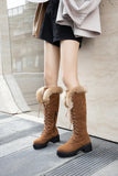 KYLETHOMASW  -  Lace-up Winter Shoes Women Snow Boots Real Fur Boots Women Knee High Suede Thick Heel Warm Outdoor with Zip Big Size 43