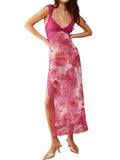 KYLETHOMASW  -  Women Long Bodycon Dress Floral Print Lace Patchwork Cutout V-Neck Sleeveless Dress Summer Slit Backless Party Dress