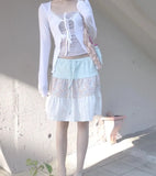 KYLETHOMASW  -  Japanese Floral Print Sweet Knee Length Skirt Women Summer High Waist Lace Up Contrast Color Patchwork Fold A-line Skirt