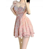 KYLETHOMASW  -  Sweet New Pink Sexy Dress Sweet Fresh Style Fragmented Flowers Print Waist Wrapped Slim Student Summer Short Lovely