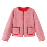 KYLETHOMASW  -  European and American style winter new round neck zipper retro red plaid warm cotton jacket