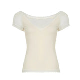 KYLETHOMASW  -  V-neck lace trimmed short sleeved T-shirt with ins European and American design, thin, solid color, tight elastic top