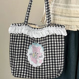 KYLETHOMASW  -  Japanese Patchwork Lace Plaid Women's Handbags High-capacity Kawaii Cartoon Shoulder Bags All Match Shopping Preppy Underarm Bag