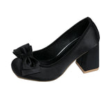 KYLETHOMASW  -  Bow Block Heel Single Shoes Spring New Square Toe Shallow Mouth Silk Slip-on Kitten Heels