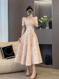 KYLETHOMASW  -  New Bubble Sleeve Pink Floral Waist Cinching 2025 Summer Women Printing Gentle French Slimming Temperament Long Dresses