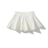 KYLETHOMASW  -  Holiday Front Cross Lacing up Bandage Bow Zipper Waist Mini Skirt Women White Spliced Lace Hem Ruched Swing A-lined Skirts Black