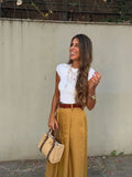 KYLETHOMASW  -  Minimalist Gold Satin Wide Leg Pants Women's French Office Ladies Lazy High Waist Loose Pants Trousers Women