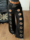 KYLETHOMASW  -  Women's black straight-leg pants metal rings hollow high-waisted loose-fitting trendy streetwear Y2K era high street aesthetic