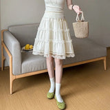KYLETHOMASW  -  Sweet Lace Ruffles Women Skirts Spring Summer Korean Fashion Chic A-line Mini Skirt Solid Versatile Vintage Faldas Mujer