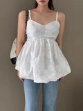 KYLETHOMASW  -  2025 3D Embroidered Jacquard Tank Top Strap Women Summer New Style Unique Design Lotus Leaf Edge Puff Blouse Top