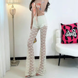 KYLETHOMASW  -  Sexy Y2K White Sheer Lace High Waist Flare Pants | See-Through Mesh Bell Bottom Trousers | Kawaii Aesthetic Summer Streetwear