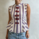 KYLETHOMASW  -  Striped Mandarin Collar Frog Button Ruffle Trim Top Striped Single‑breasted Summer Women Blouse Versatile Casual Lady Office Top