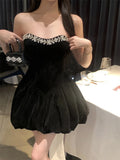 KYLETHOMASW  -  Heavyweight Velvet Mini Dress Women Sparkling Star Diamond One Shoulder High Waist Puffy Silken Gown Street Style Trendy Fashion