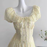 KYLETHOMASW  -  French Sweet Puff Sleeve Women Dress Elegant Casual Fashion Waist Vestidos Lace Exquisite Simple Square Neck A Line Cute Skirt