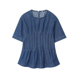 KYLETHOMASW  -  Nordic Minimalist Fashion Washed Distressed Denim Shirt Round Neck Short Sleeve Blouse Women Pullover Top