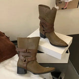 KYLETHOMASW  -  Black Chunky Heels Ankle Boots Woman Pointed Toe Rivet Fall Shoes Belt Buckle Western Style Cowboy Boots Zapatos Mujer