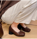 KYLETHOMASW  -  Retro Square toe folding Bowknot Soft Leather Women Pumps Ballet Style Thick High heels Casual Chunky Loafer Shoes
