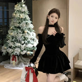 KYLETHOMASW  -  Slash Neck Velvet Black Preppy Dress Long Sleeve Princess Slim Layered Dress Sexy Strapless Birthday Christmas Party Vestidos