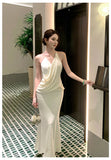 KYLETHOMASW  -  French Fashionable Elegant Satin Evening Gown Women's Backless V-neck Halter Camisole Long Dress Sexy Chic Banquet Gown