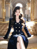 KYLETHOMASW  -     Autumn/Winter New French Hepburn Style Blue Velvet Dress for Women Formal Occasions High end Waist Cinched Slim Maxi Dresses