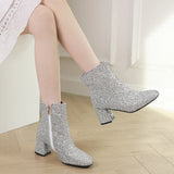 Kylethomasw Big Size 48 49 50 Gold Silver Blue Sequined Cloth Glitter Winter Shoes Women's Chunky High Heels Bling Party Ankle Chelsea Boots