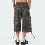 KYLETHOMASW  -  American Retro Cargo Denim Shorts Vintage Camouflage Print Loose Drawstring Short Pants Y2k Aesthetic Cyber Grunge Streetwear