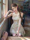 KYLETHOMASW  -  Sweet Floral Mini Dress Women Summer Sleeveless Peter Pan Collar Casual Dresses Kawaii Bow Lace Patchwork Fashion A Line Dress