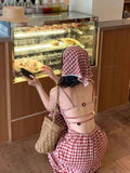 KYLETHOMASW  -  Red Plaid Camis Dress Women Vintage Vacation Sexy Backless Spaghetti Strap Dress Korean Slim Sweet Midi A Line Vestidos