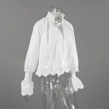 KYLETHOMASW  -  Women French Style White Blouse Lace Splicing Patchwork Shirt Elegant Flare Bell Sleeve Long Sleeve Casual Ladies Daily Tops