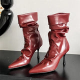 KYLETHOMASW  -  Fashion Pleated Sewing Design Ankle Boots Women Elegant Pointed Toe Thin Heel Modern Boots Comfort Soft Leather Zapatos De Mujer