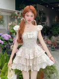 KYLETHOMASW  -  2025 Girl Dress Sweet Floral Square Neck Bow Women Korean Version Slimming Style Spliced Fluffy Cute Sweet Dresses