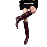 KYLETHOMASW  -  Burgundy Patent Leather High-Top Long Boots For Women Wine Red Pointed Toe Slip On Botas Largas De Mujer Kitten Low Heels Mature