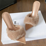 KYLETHOMASW  -  Summer Women's Furry Fur High Heels Mules Sandals Pointed Toe Slip On Stiletto Slipper Ladies Sexy Party Dress Heeled Sandals