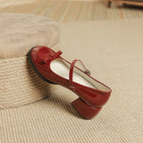 KYLETHOMASW  -  New Designer Round toe bowtie mary janes pumps women thick high heels lolita shoes ankle strap japanned leather talons femmes