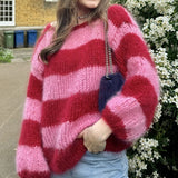 KYLETHOMASW  -  Women Autumn Winter Loose Fit Knitwear Jumpers Vintage Striped Fuzzy Knitted Sweater Casual Boat Neck Long Sleeve Pullover Tops