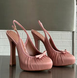 KYLETHOMASW  -  Dusty Pink Satin Round-Toe Platform Pumps Ruched Vamp Mini Bow Accent Chunky Heel Retro Style High-Fashion Daily Looks