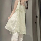 KYLETHOMASW  -  White Summer Sleeveless Dress Women's Spliced Lace Bow Loose Long Vest Dress K-Style Lightweight Instagrammable Photogenic