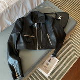 KYLETHOMASW  -  Vintage Cropped Pu Leather Jacket Women Streetwear Black Motorcycle Coat Fall Winter Long Sleeve Zipper Chic Outerwear New