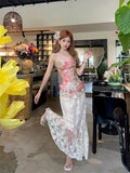 KYLETHOMASW  -  Summer Women Two Piece Set Floral Corset Top and Lace Midi Skirt Elegant Mesh Outfit Slim Fit Vintage French Style Beach Suit