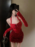 KYLETHOMASW  -  Party Mini Dresses Women Tassel Patchwork Sequins Halter Sexy Sleeveless Slim Bow Backless Elegant Clubwear Ladies