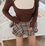 KYLETHOMASW  -  American Retro Contrast Color Plaid Ruffles Hem Mini Skirt Sexy High Waist Short Skater Skirts With Underwear