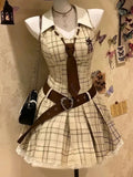 KYLETHOMASW  -  Sweet Vintage Lolita Plaid Mini Dress Women Bowknot Heart Button Lace Trim High Waist Pleated Skirt Kawaii Japanese Daily Outfit