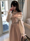 KYLETHOMASW  -  Japanese Elegant Sweet Pink Lolita Dress Women Kawaii Bow Lace Sweater Off-shoulder Long Dress Korean Y2k Party Princess Dresses