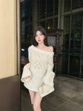 KYLETHOMASW  -    Sweet Hot Girl Pure Sexy Bow Lace-up Sweater Women's Autumn Hollowed-out Slash Neck Loose Knitwear Fashion Female Clothes