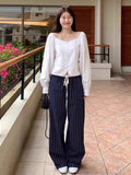 KYLETHOMASW  -  Mushroom Waist Splicing Lace Striped Casual 2025 Spring Women Simple Niche Design Sense New High Waist Wide Leg Pants