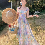 KYLETHOMASW  -  Women's Summer Long Princess Dress Butterfly Strap High Waist Oil Painting Floral Fairycore A-line Midi Sundress Female
